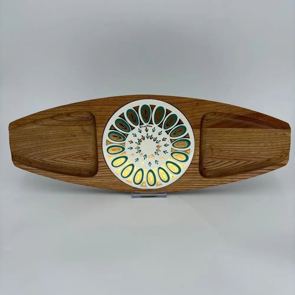 Vintage Fred Press Sere Wood Serving Tray MCM Ceramic Inlay Appetizer Platter